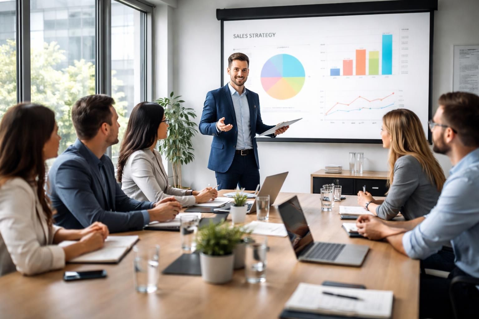 découvrez comment animer une réunion vendeur efficace en présentant votre stratégie de vente à l'aide d'un écran de projection pour maximiser la clarté et l'impact de votre message.