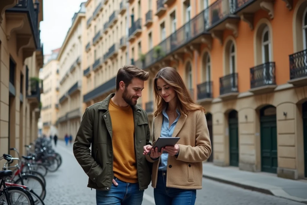 Couple consultant une estimation immobilière en ligne devant un immeuble typique de Lyon
