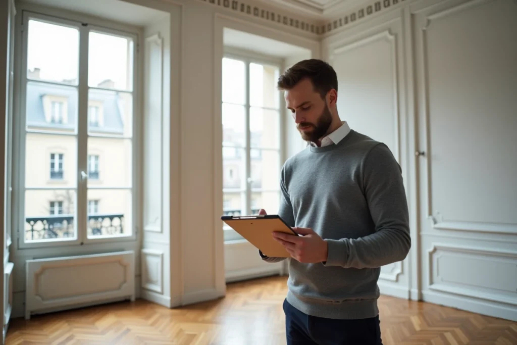 Expert immobilier évaluant un appartement haussmannien à Lyon lors d'une estimation sur site