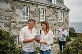 Couple examinant une maison en pierre bretonne en bord de mer avec un agent immobilier