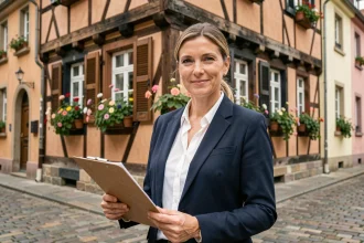 Agent immobilière d'IMMO PROXIMA devant une maison à colombages typique de Colmar, tenant des documents de vente immobilière