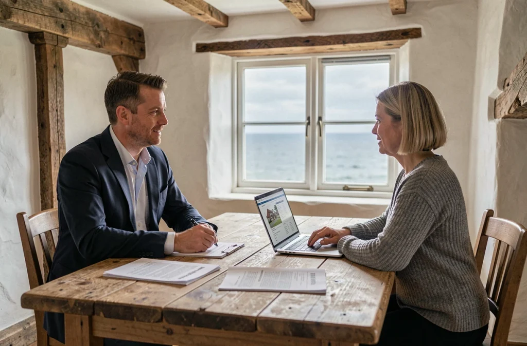 Agent immobilier et acheteuse négociant le prix d'un bien en bord de mer normand à l'intérieur d'un cottage avec vue sur la Manche