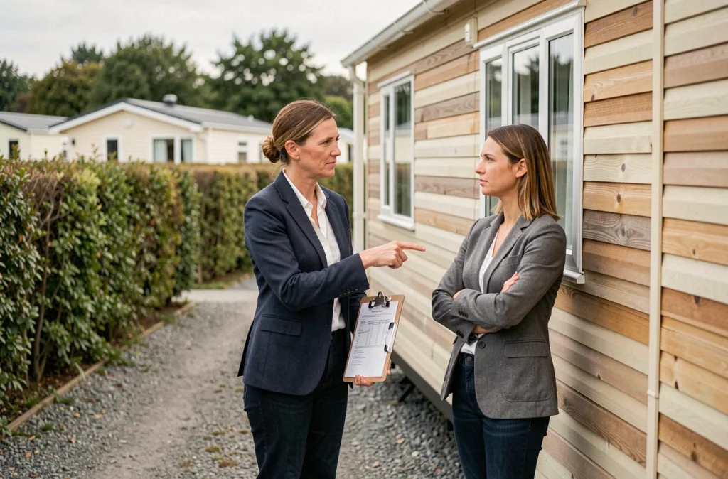 Agent immobilier présentant un mobil home à vendre à un acheteur potentiel dans un camping
