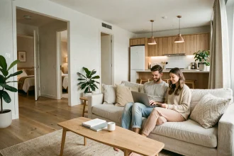 Couple consultant une annonce de location saisonnière dans un appartement T3 avec deux chambres visibles en arrière-plan
