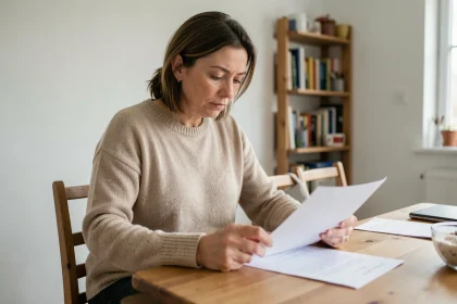 Femme lisant un avis favorable de commission d'attribution de logement dans un appartement modeste