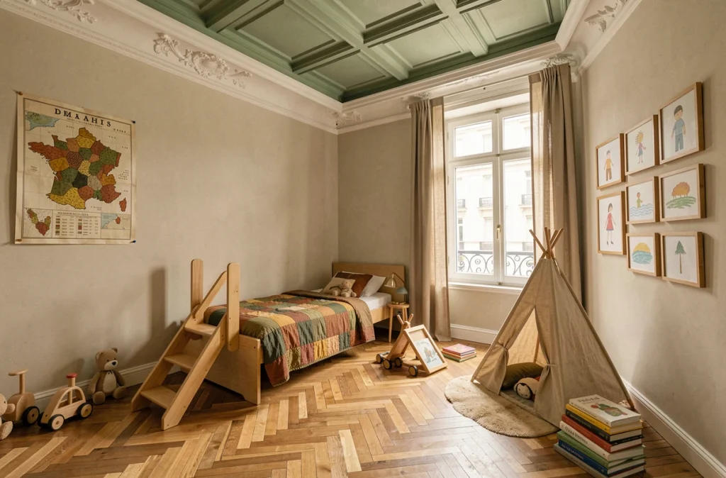 Chambre d'enfant dans appartement haussmannien avec lit cabane et décoration chaleureuse en tons terracotta