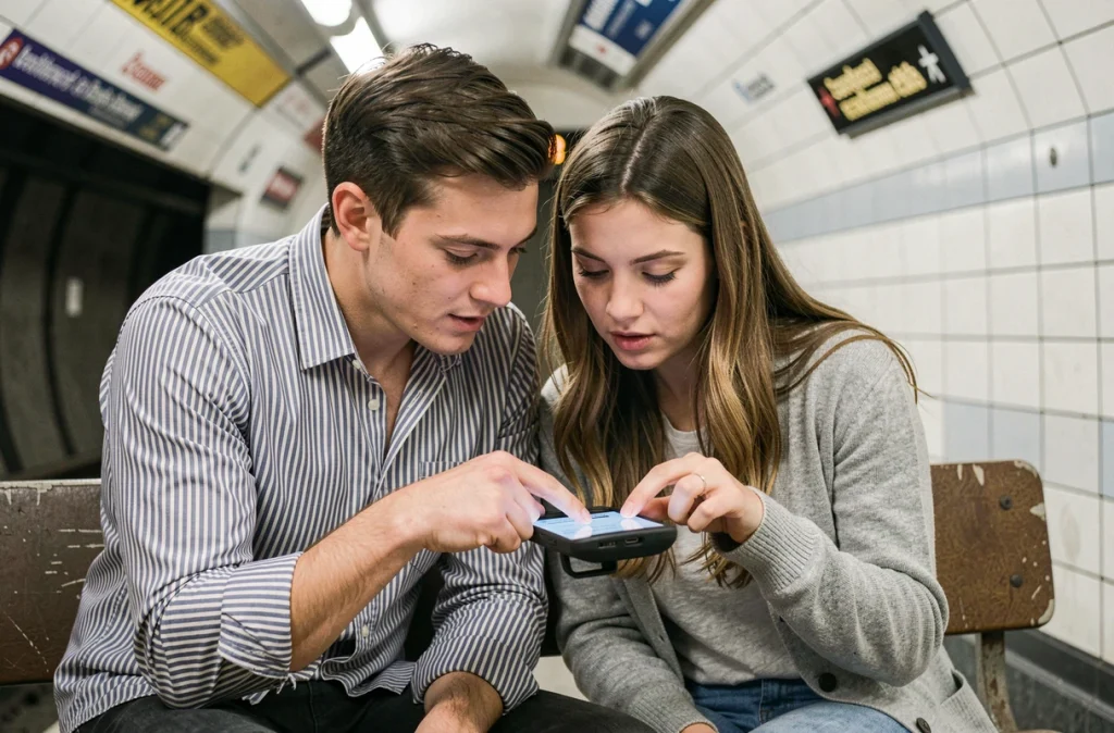 Deux jeunes colocataires cherchant un appartement via une application immobilière dans le métro parisien