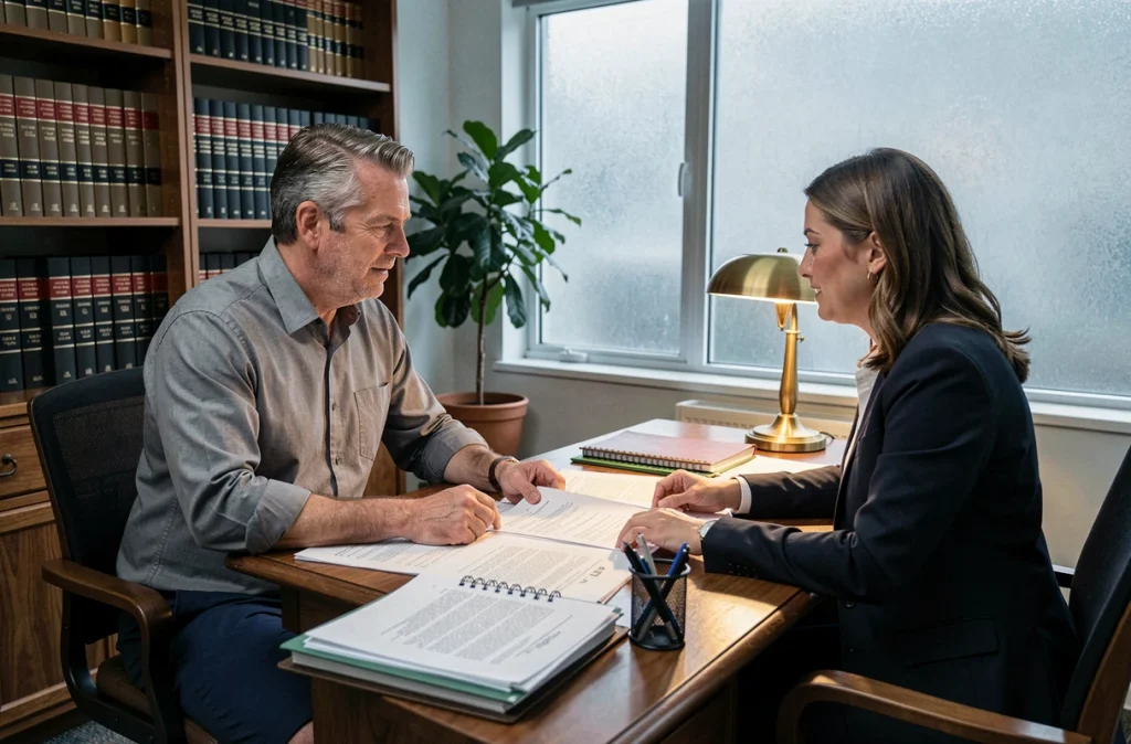 Homme consultant une avocate dans un bureau juridique pour porter plainte suite à un changement de serrure abusif par un propriétaire