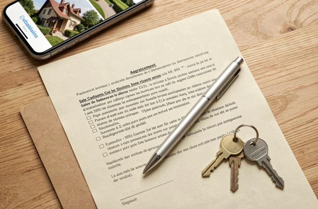 Gros plan sur un compromis de vente immobilière signé avec des clés et un stylo, symbolisant les garanties offertes par IMMO PROXIMA à Colmar
