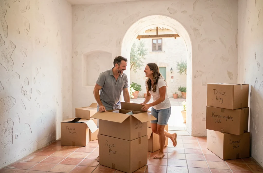 Couple en train de déballer des cartons dans une maison provençale lumineuse avec sol en tomettes et arche donnant sur une cour ensoleillée, symbolisant un nouveau départ dans le sud