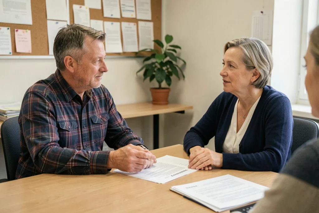 Couple en entretien dans un bureau de commission d'attribution de logement social