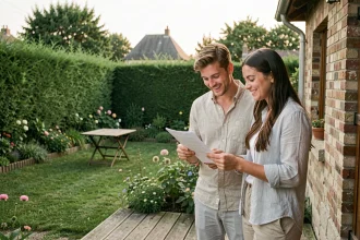 Couple de jeunes locataires sur la terrasse d'une maison avec jardin à louer à 600 euros