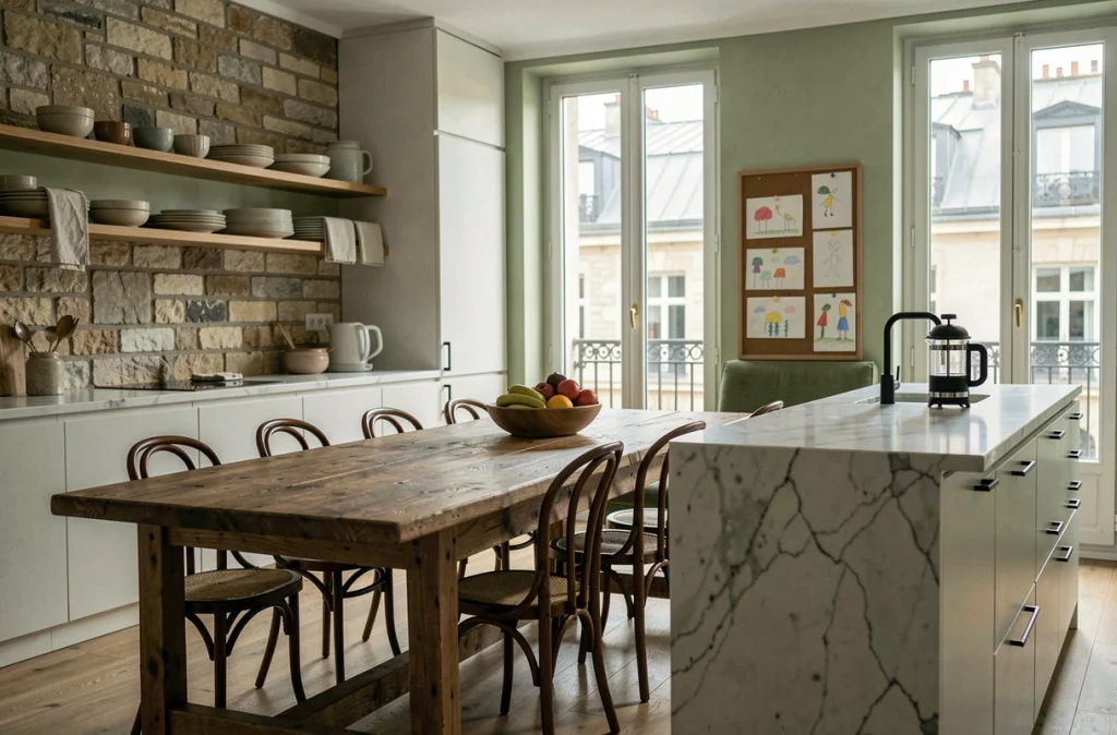 Cuisine salle à manger haussmannienne familiale avec table en chêne et vue sur cour parisienne