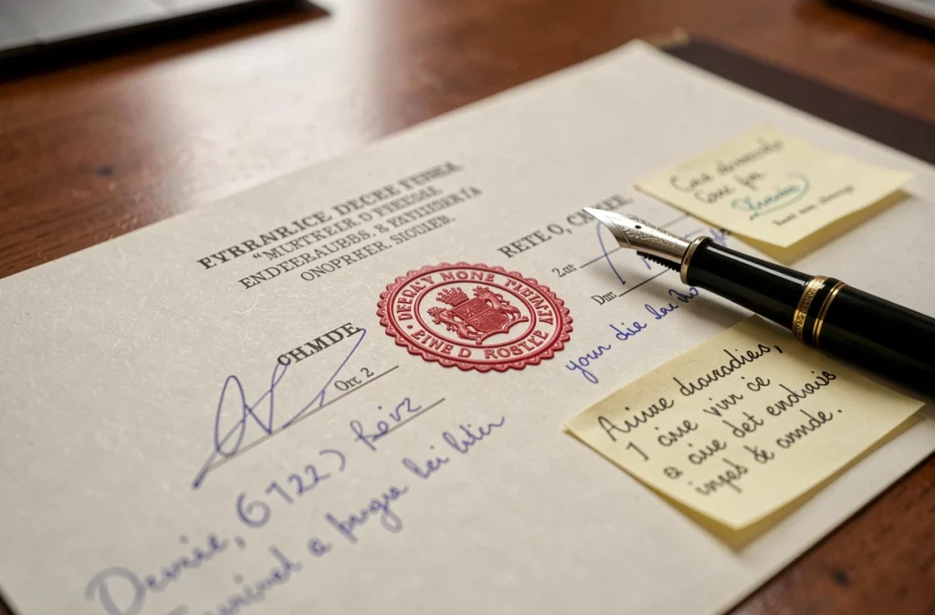 Gros plan d'un document notarial officiel avec tampon, cachet et annotations manuscrites représentant une coche de notaire