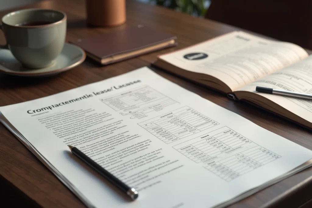 Documents de bail commercial avec clauses d'indexation ILAT base 100 et calculs manuscrits sur un bureau en bois