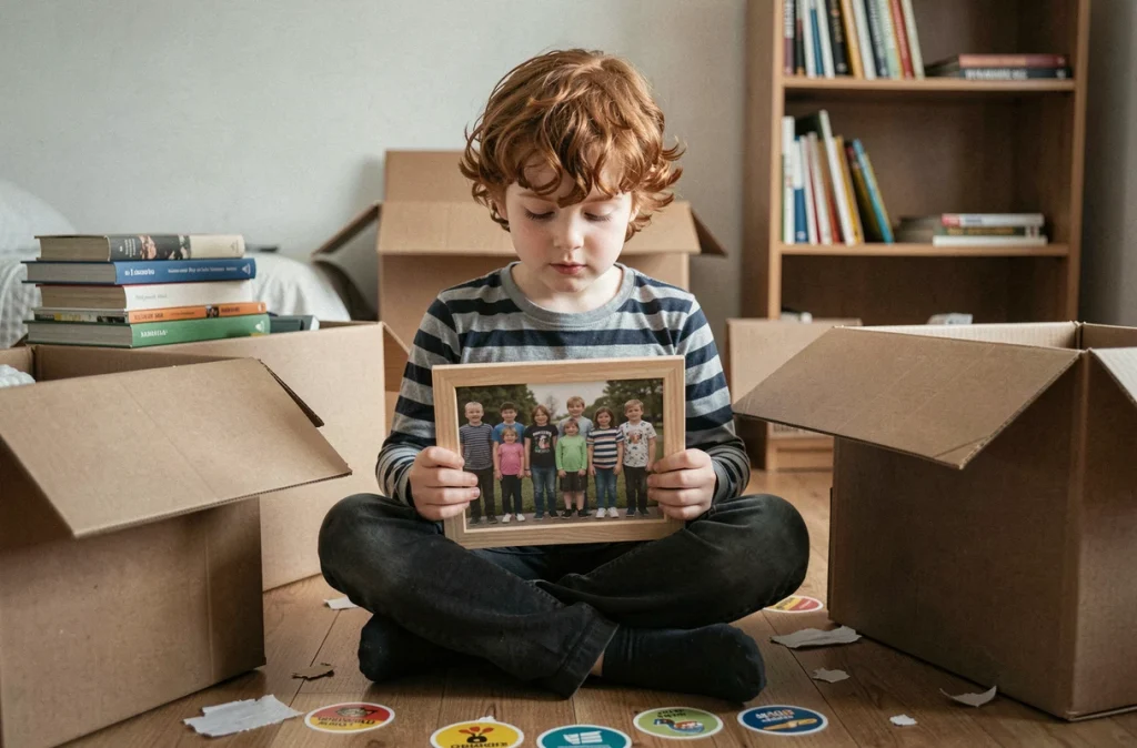 Garçon assis parmi des cartons de déménagement tenant une photo de classe de son ancienne école avec une expression nostalgique