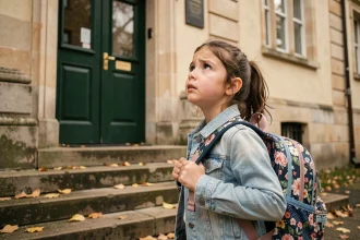 Petite fille avec un sac à dos floral devant l'entrée de sa nouvelle école lors d'un déménagement