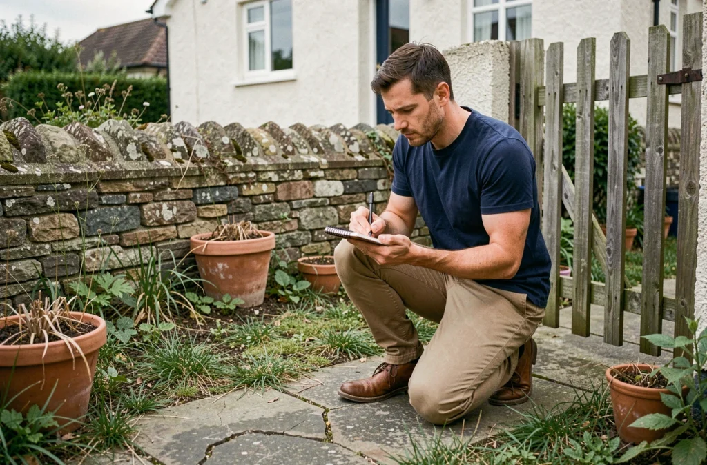 Homme vérifiant l'état du jardin et des allées lors d'un état des lieux d'une maison avec jardin dans l'Eure