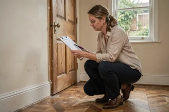 Femme inspectant l'intérieur d'une petite maison à louer lors d'un état des lieux avec un clipboard