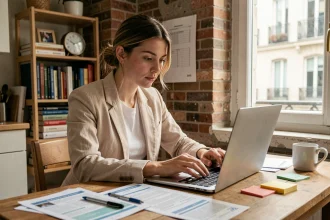 Jeune femme étudiante consultant des annonces immobilières sur un ordinateur portable dans un appartement parisien