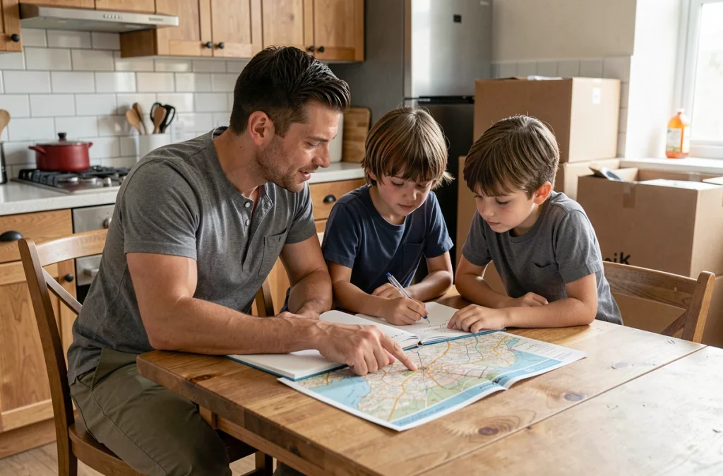 Père et enfants qui préparent ensemble le changement d'école autour d'une table avec une carte de la ville
