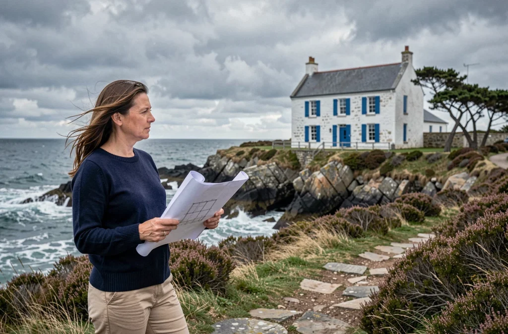 Femme tenant des plans de maison sur un sentier côtier breton face à une propriété en bord de mer