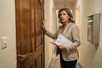 Femme devant une porte d'appartement fermée tenant des documents officiels, illustrant un changement de serrure illégal et le dépôt de plainte par un locataire