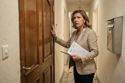 Femme devant une porte d'appartement fermée tenant des documents officiels, illustrant un changement de serrure illégal et le dépôt de plainte par un locataire