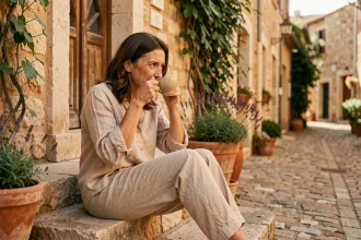 Femme détendue savourant un café sur les marches d'une terrasse en pierre dans un village du sud de la France, entourée de lavande et de murs en pierre ocre
