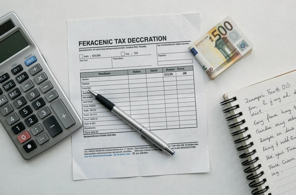 Vue aérienne d'un bureau avec une déclaration fiscale française, une calculatrice, des billets en euros et des notes manuscrites symbolisant la planification de la défiscalisation