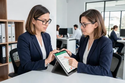 Gestionnaire locative utilisant un logiciel d'état des lieux sur tablette dans une agence immobilière moderne