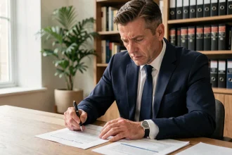 Un homme d'affaires en costume marine examine des documents fiscaux dans un bureau à domicile moderne, illustrant les opportunités de défiscalisation pour les contribuables