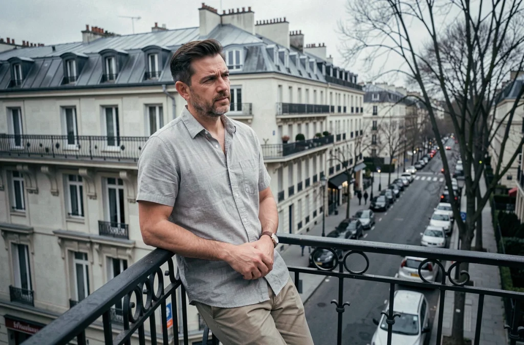 Homme pensif appuyé sur le balcon d'un appartement parisien regardant la rue grise en contrebas, illustrant le contraste entre la vie urbaine et l'attrait du sud