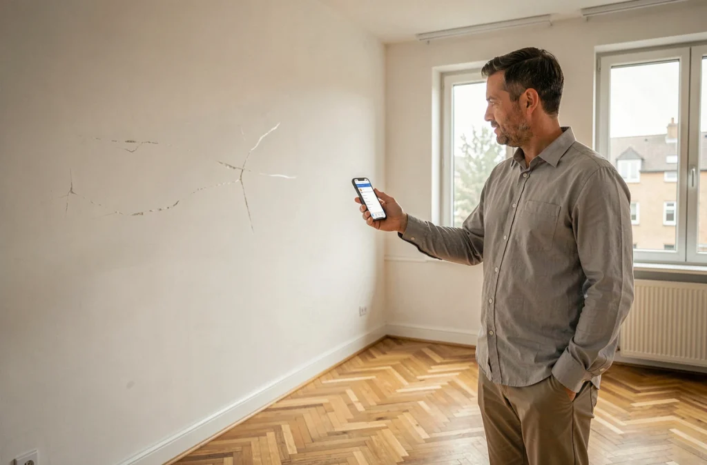 Inspecteur immobilier réalisant un état des lieux numérique dans un appartement vide avec logiciel mobile