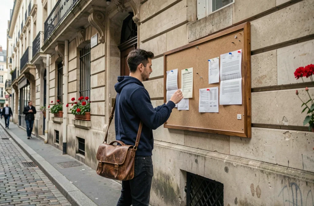 Jeune actif consultant une annonce de location affichée sur un immeuble parisien typique