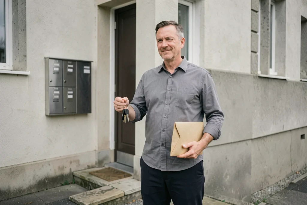 Homme tenant ses clés devant un immeuble de logement social après obtention d'un logement