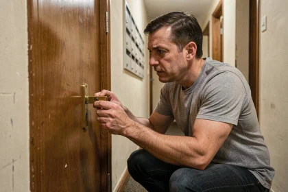 Locataire examinant une serrure de porte d'appartement avant de la changer