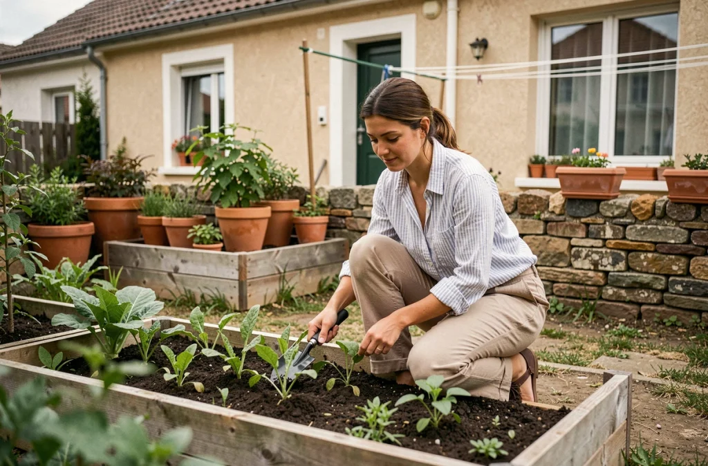 Femme locataire entretenant le jardin potager d'une maison accessible à petit budget