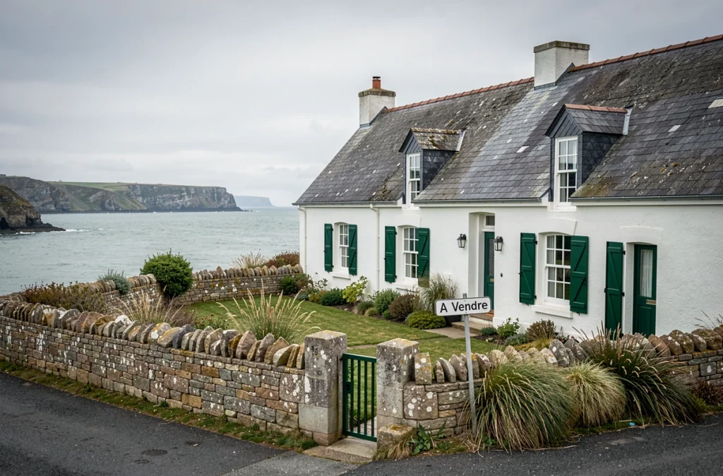 Maison normande à vendre en bord de mer avec panneau de vente, façade traditionnelle et vue sur les falaises côtières de Normandie