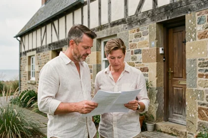 Couple en train de négocier le prix d'une maison normande en bord de mer, documents immobiliers en main devant une façade en pierre traditionnelle
