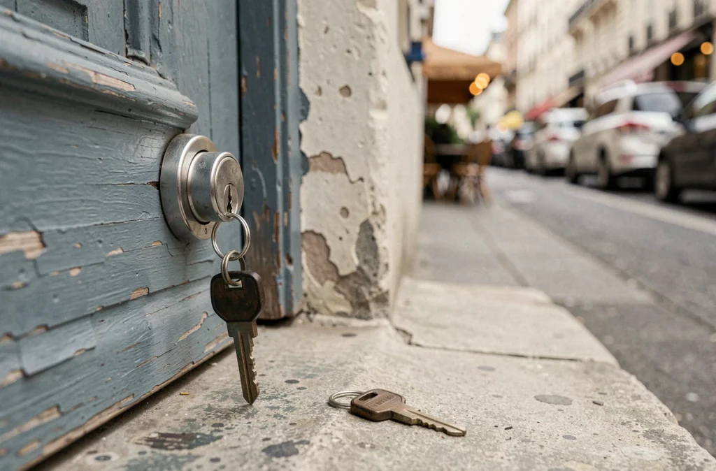 Gros plan d'une nouvelle serrure installée sur une porte ancienne avec des clés abandonnées sur le seuil, symbolisant un changement de serrure sans autorisation et ses conséquences juridiques