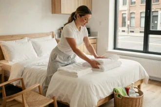 Femme en train de plier des serviettes propres dans un appartement Airbnb au style scandinave pour optimiser les frais de ménage
