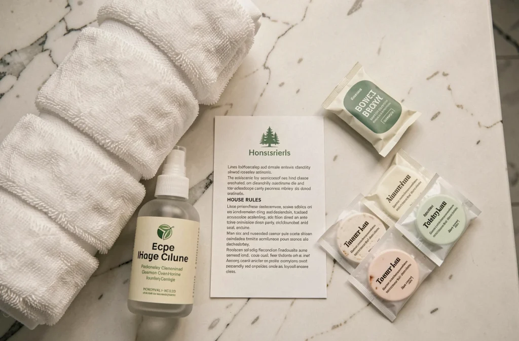Mise en scène soignée de produits ménagers et serviettes dans une salle de bain Airbnb pour séduire les voyageurs