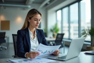 Professionnelle analysant l'indice ILAT sur des graphiques financiers et tableurs dans un bureau moderne
