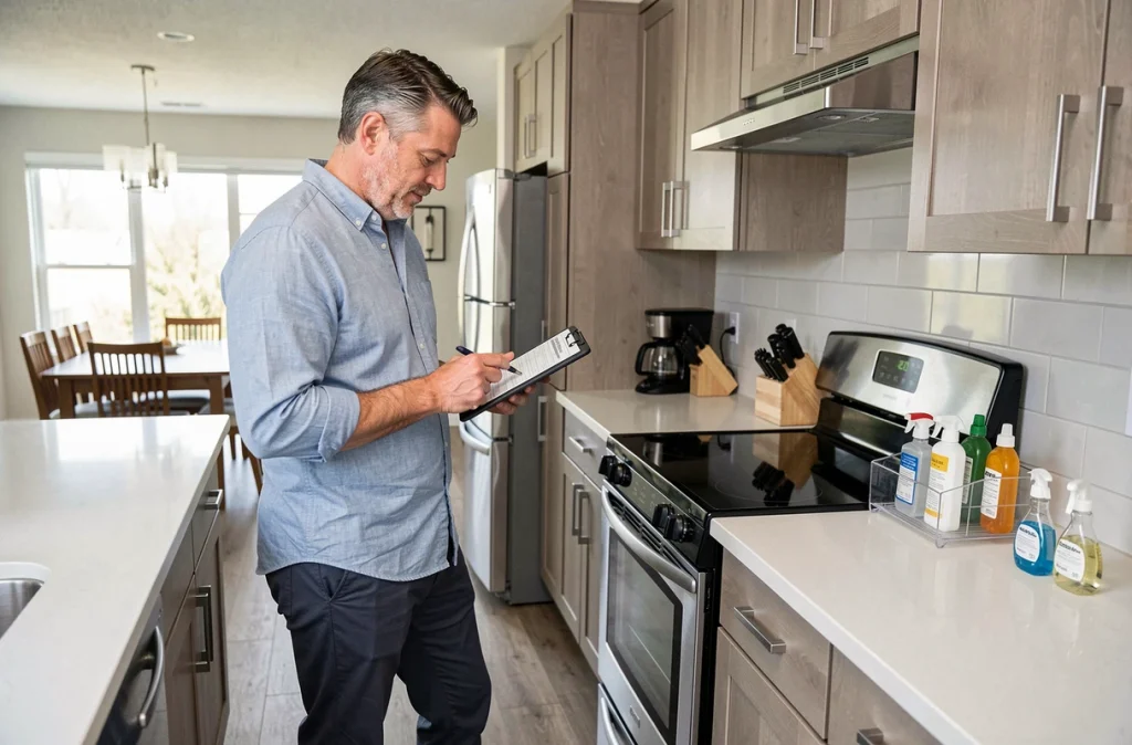 Propriétaire Airbnb vérifiant une liste de ménage sur tablette dans une cuisine moderne de location courte durée