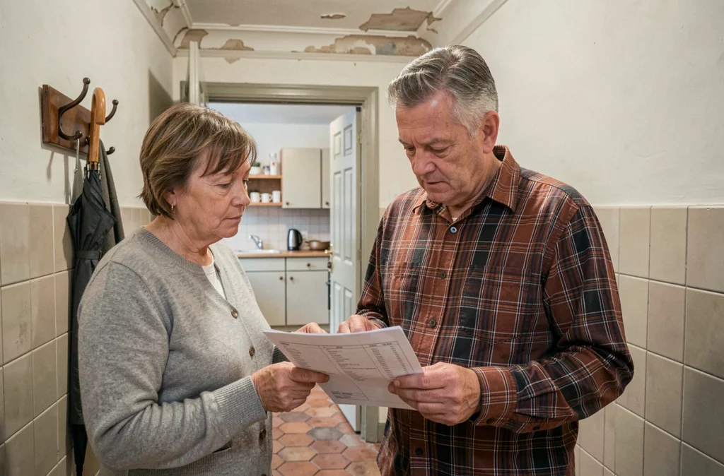 Propriétaire et locataire examinant ensemble l'inventaire lors de l'état des lieux d'entrée d'une petite maison en location