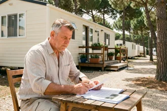 Propriétaire de mobil home en train de consulter des documents de vente sur la terrasse de son mobil home dans un camping