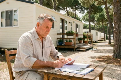 Propriétaire de mobil home en train de consulter des documents de vente sur la terrasse de son mobil home dans un camping