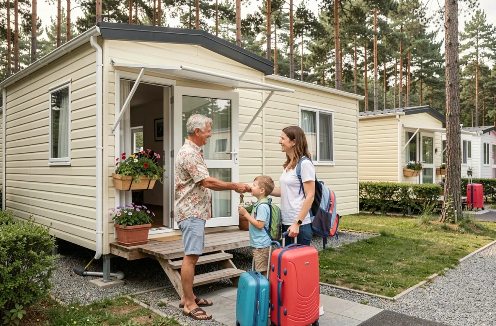 Couple propriétaire remettant les clés d'un mobil home à des locataires à l'entrée du chalet de camping