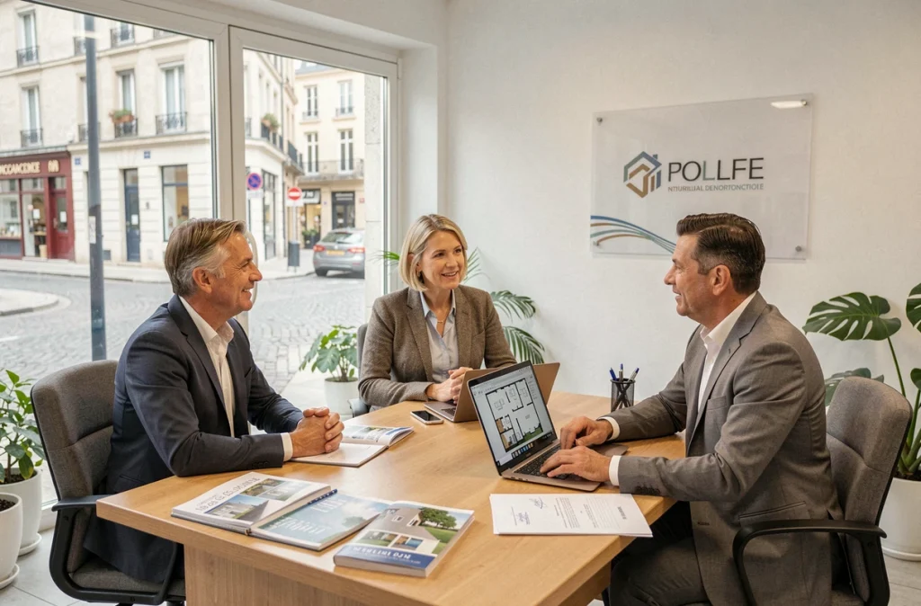Couple en réunion avec un conseiller immobilier IMMO PROXIMA pour la vente d'un bien à Colmar, autour d'un contrat et de documents officiels